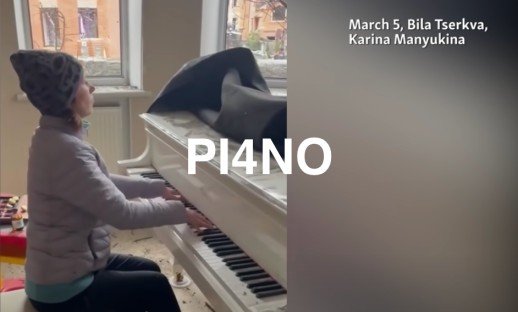 Ukrainian playing piano in home ruins, Chopin